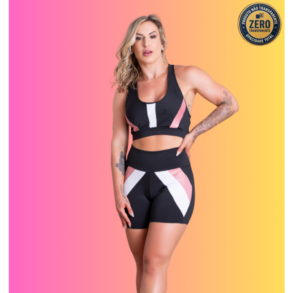 Conjunto Fitness Feminino Short Cintura Alta Detalhe Recorte E Top Nadador Sustentação Academia Treino RIQ Modas