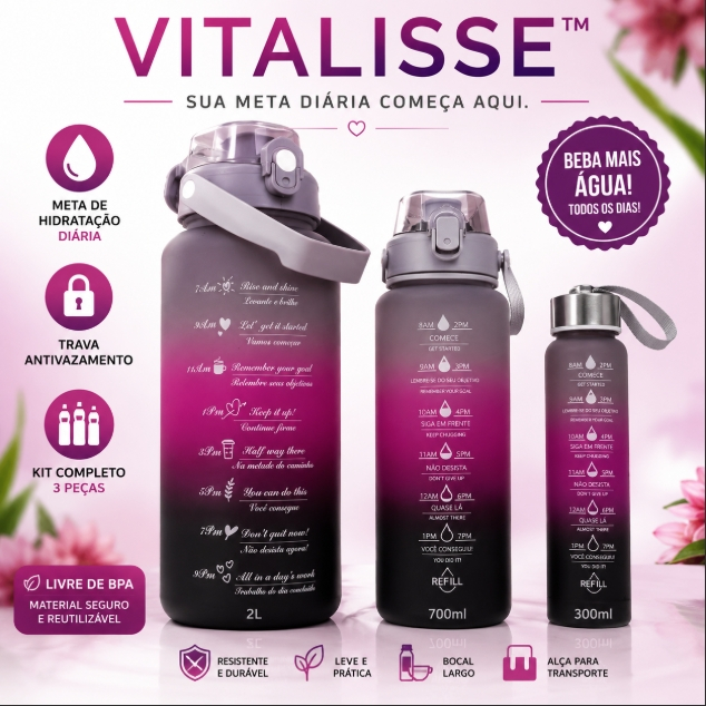 Vitalisse™| Kit 3 Garrafas Motivacionais 2L+700ml+ 300ml / Marcador de Horário e Trava Antivazamento