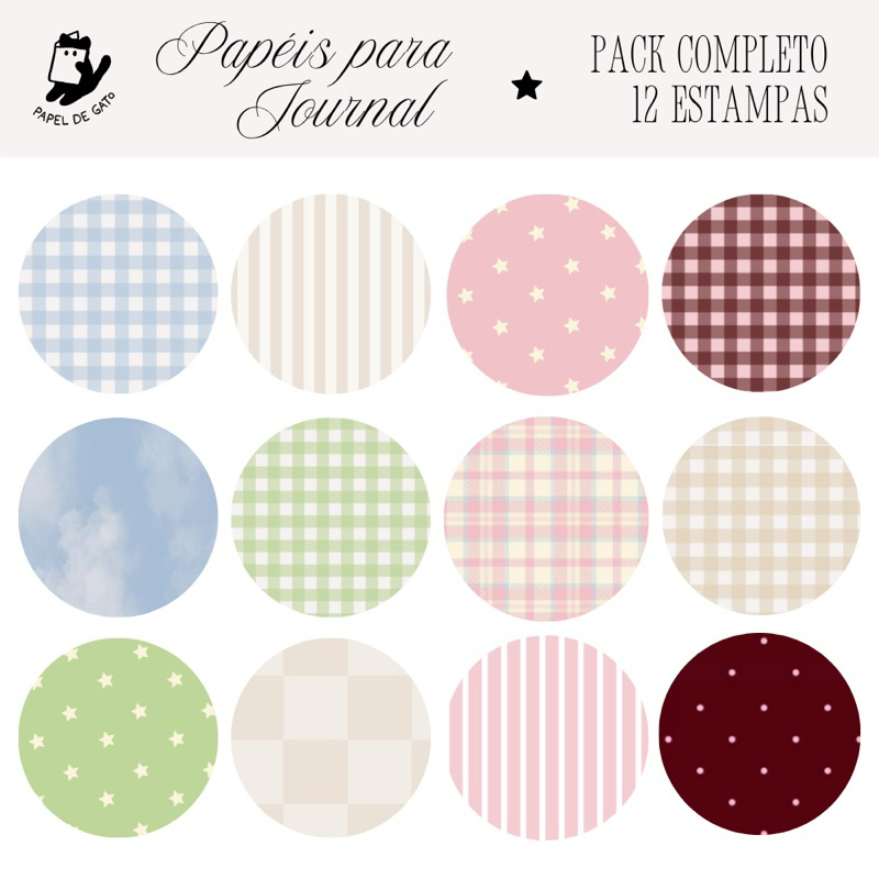 Papéis de estampas para Journal e Scrapbook - 12 modelos (folhas de fundo estampados bullet journal, colagem, decoração)
