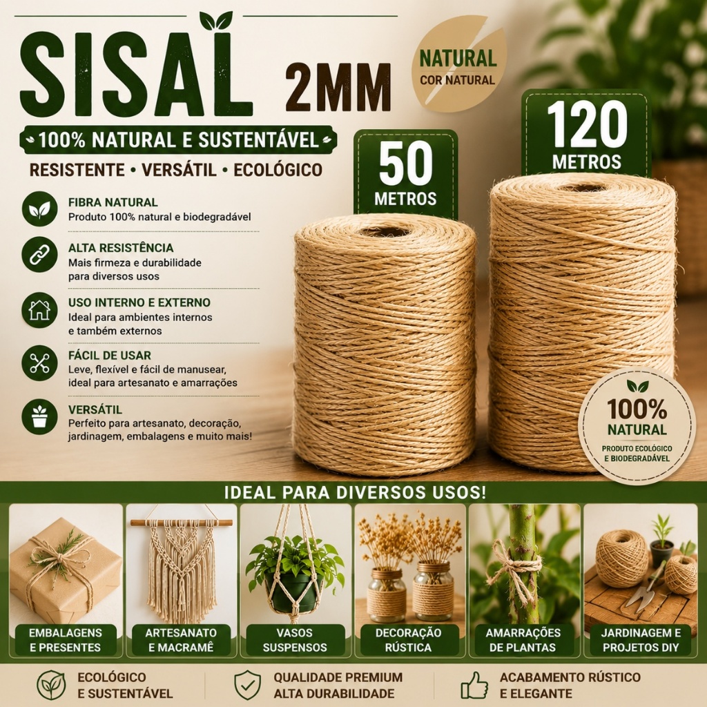 Sisal Natural 2mm 50m ou 120m | Corda para Artesanato, Macramê, Jardinagem e Decoração