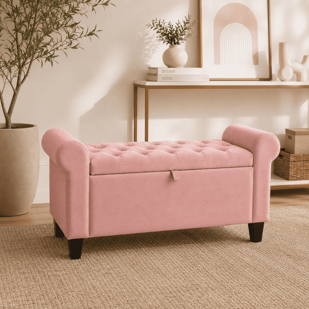 Recamier Baú para Quarto Solteiro 90cm Estofado Suede com Braços Banqueta Decorativa Sala Multiuso