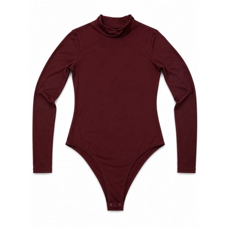 Body Feminino Manga Longa Gola Alta Básico Canelado Confortável Bordô