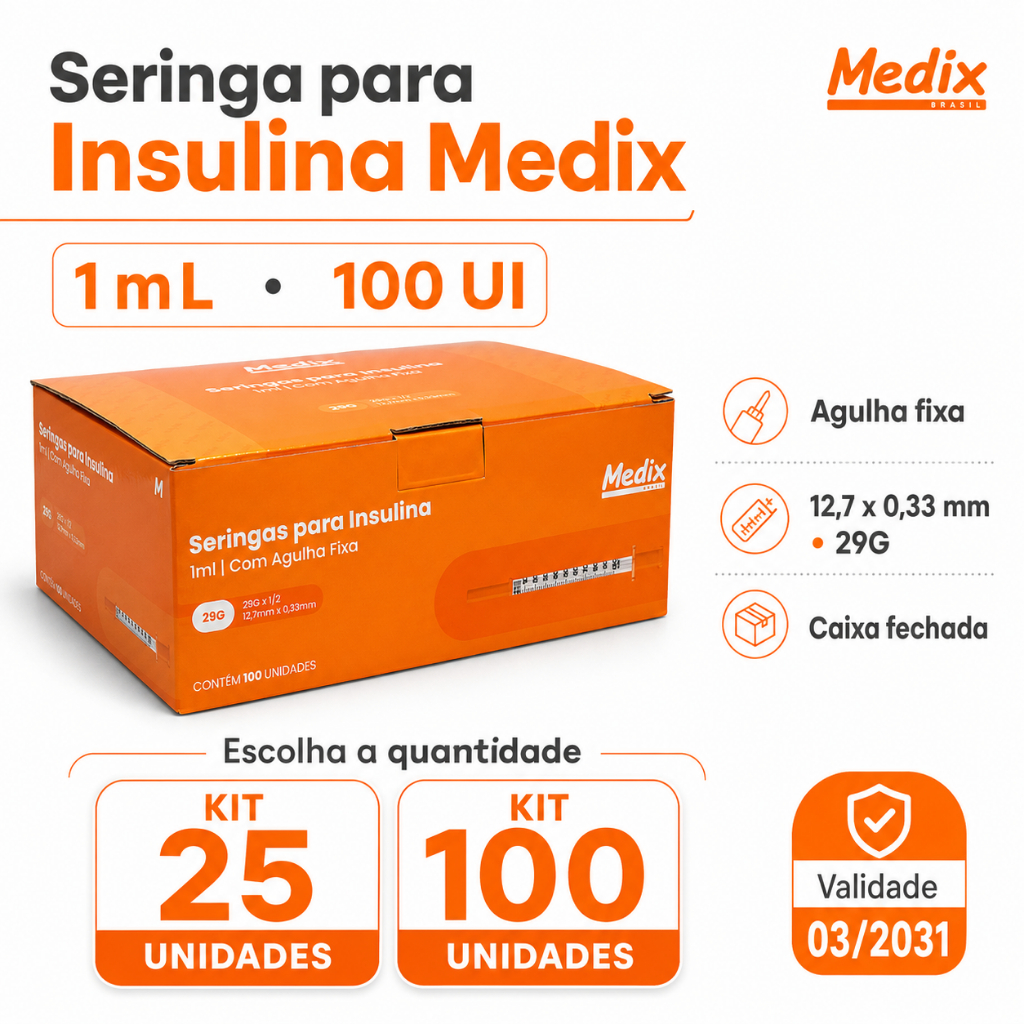 SERINGA PARA INSULINA 1ML AGULHA 12.7MMX0,33MM (25/100UND) 29G AGULHA FIXA