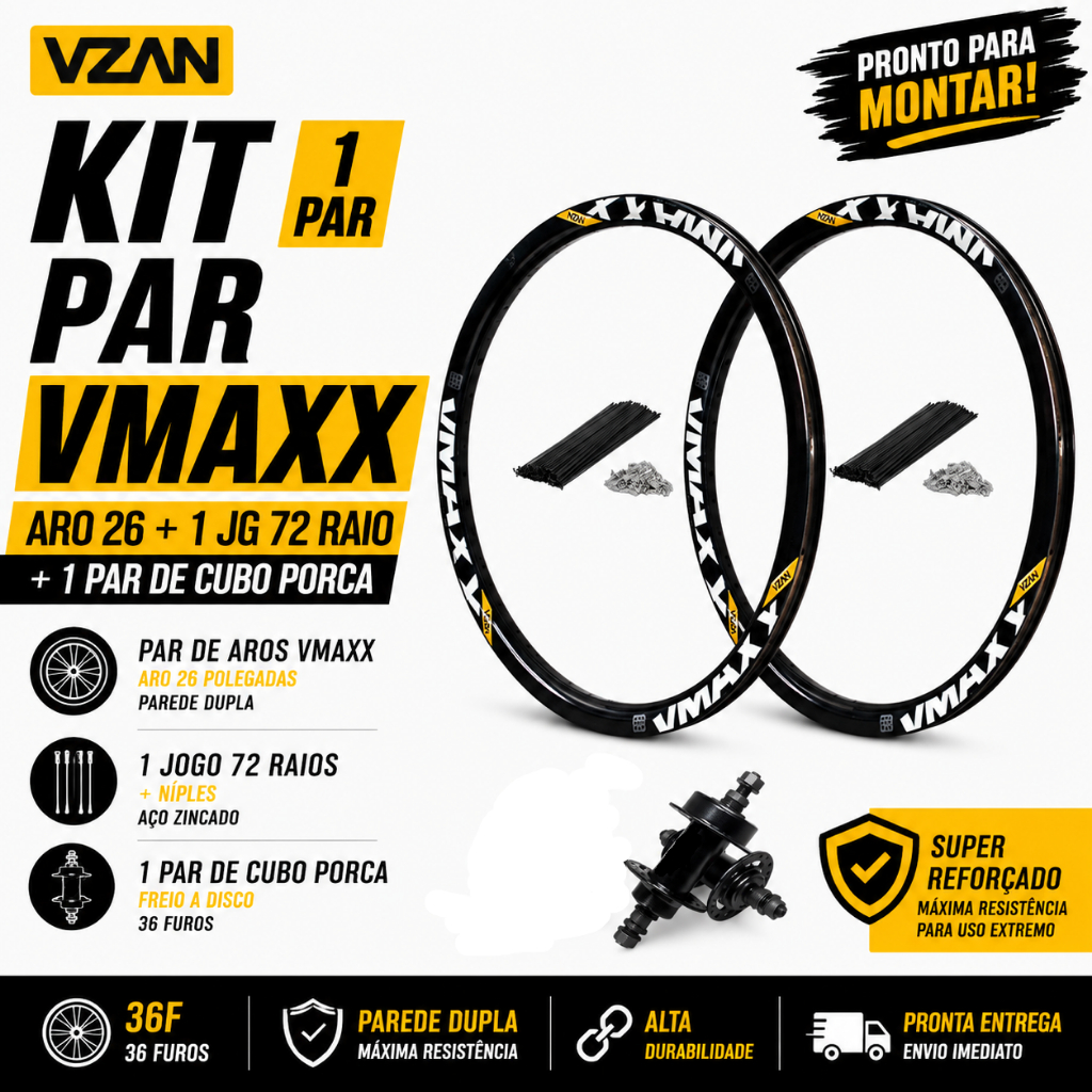 Par 2 Aro Vzan Vmaxx Preto Aro 26 Reforçado SL Paredão Freio A Disco + Raios Pretos + Cubos Aço 36F