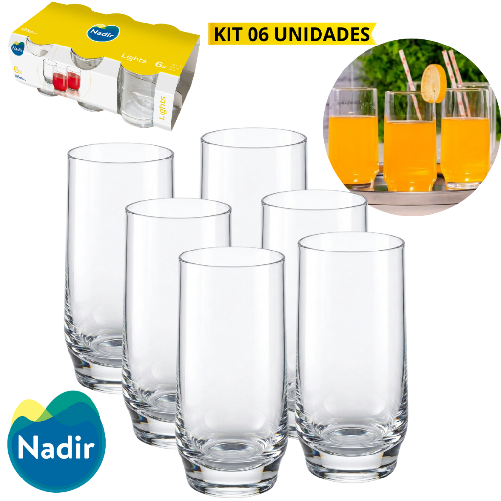 Jogo 6 Copos Lights Vidro Suco Água Cerveja 300ml Nadir