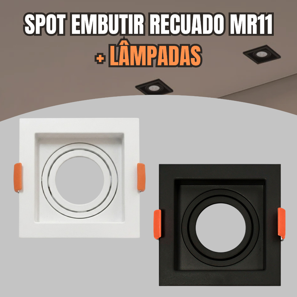 Spot Embutir Recuado Quadrado Mini Dicroica MR11 Gu10 Fundo Preto Branco Embutido C/ Lâmpadas ou Sem