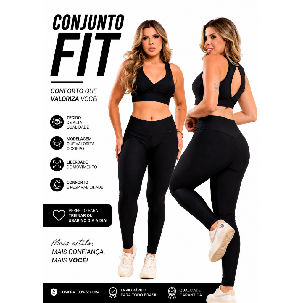 Conjunto Feminino fitness calça legging cintura alta com top com bojo em Suplex premium - conjunto Academia