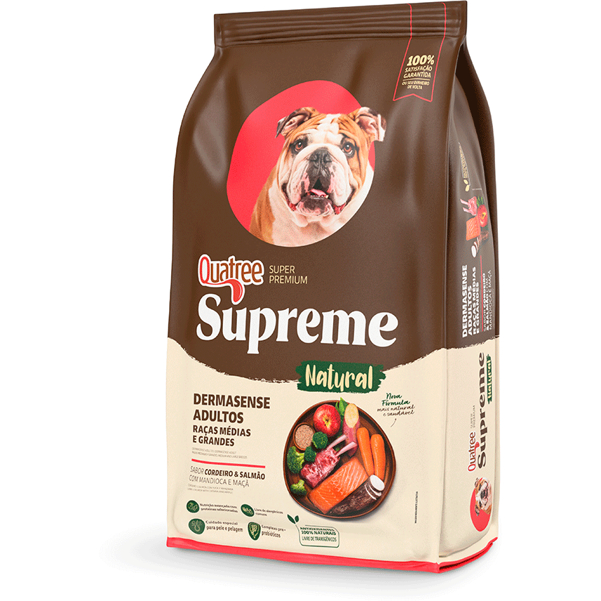 Ração Quatree Supreme Dermasense Cães Adultos raças médias Cordeiro e Salmão 15Kg