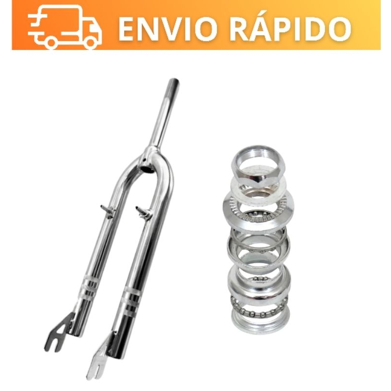 Kit Garfo Rígido Reforçado Aro 26 Standard Rosca DNZ + Caixa Direção Cromada Esferada Montagem Bicicleta