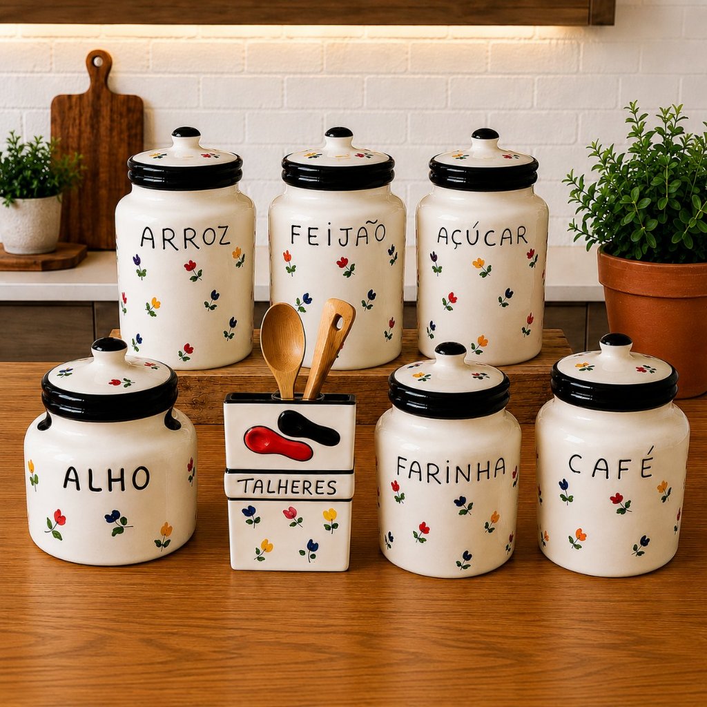 🌸 Jogo de Mantimentos em Cerâmica Acabamento na cor Preto 7 Peças Arroz Feijão Açúcar Café Farinha Alho e Porta Talheres