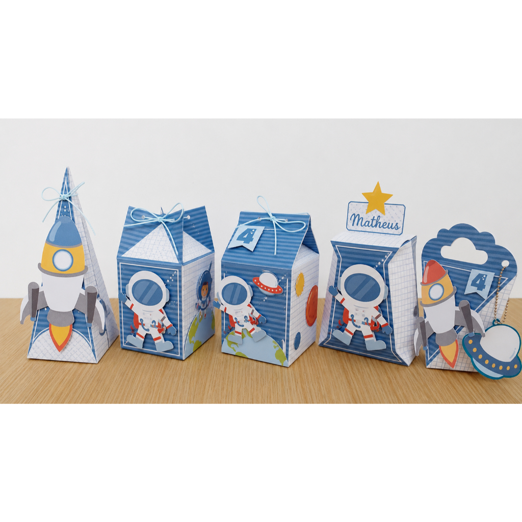 Kit Lembrancinhas Personalizadas Astronauta com Aplique 3D - Caixinhas Pegue e Monte Festa Infantil