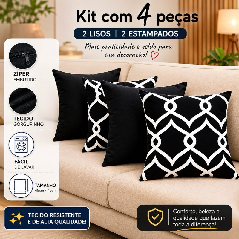 Promoção kit com 4 capas de almofadas decorativas para sofá c/ zíper.