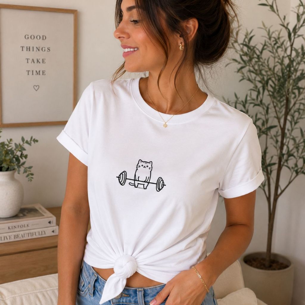 Camiseta Feminina Gato Fofo Academia Caminhada Algodão Oversized Treino Casual T Shirt Larga