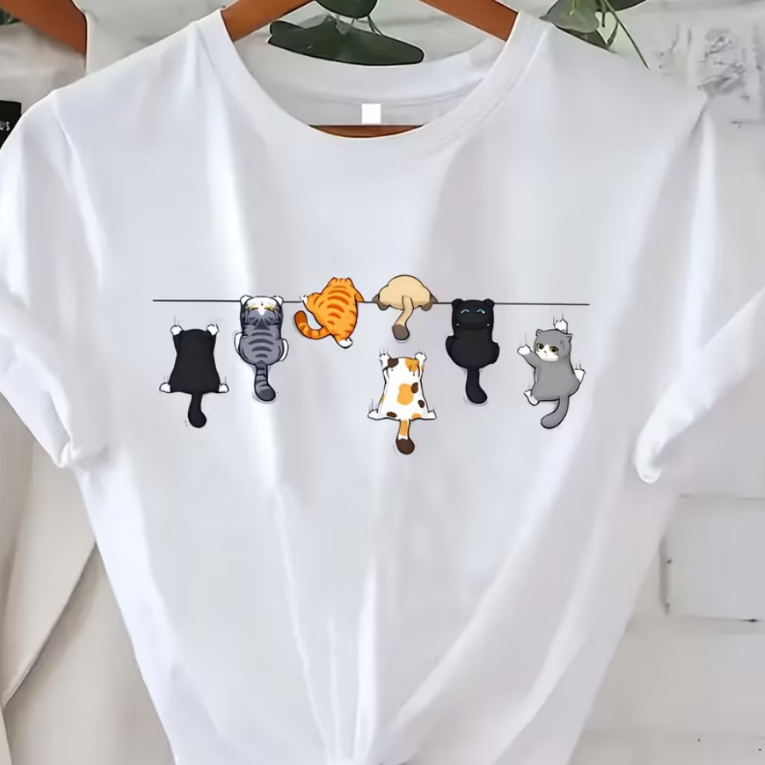 Camisa Camiseta Feminina Gatinhos Caindo Desenho Fofo Estiloso Confortável Tendência 100% Algodão