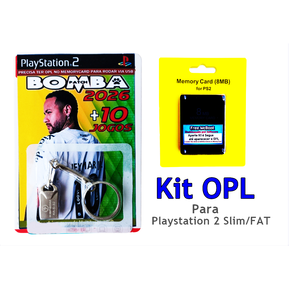 Kit Memory Card com OPL + Pen-drlve Bomba Patch +10 + FCMB para Playstation 2 Slim