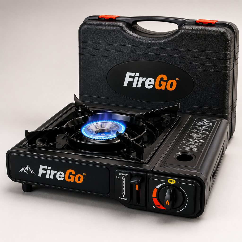 Fogareiro Portátil Com Maleta FireGo Camping e Aventura Chama Potente Ajustável Leve Compacto e Resistente