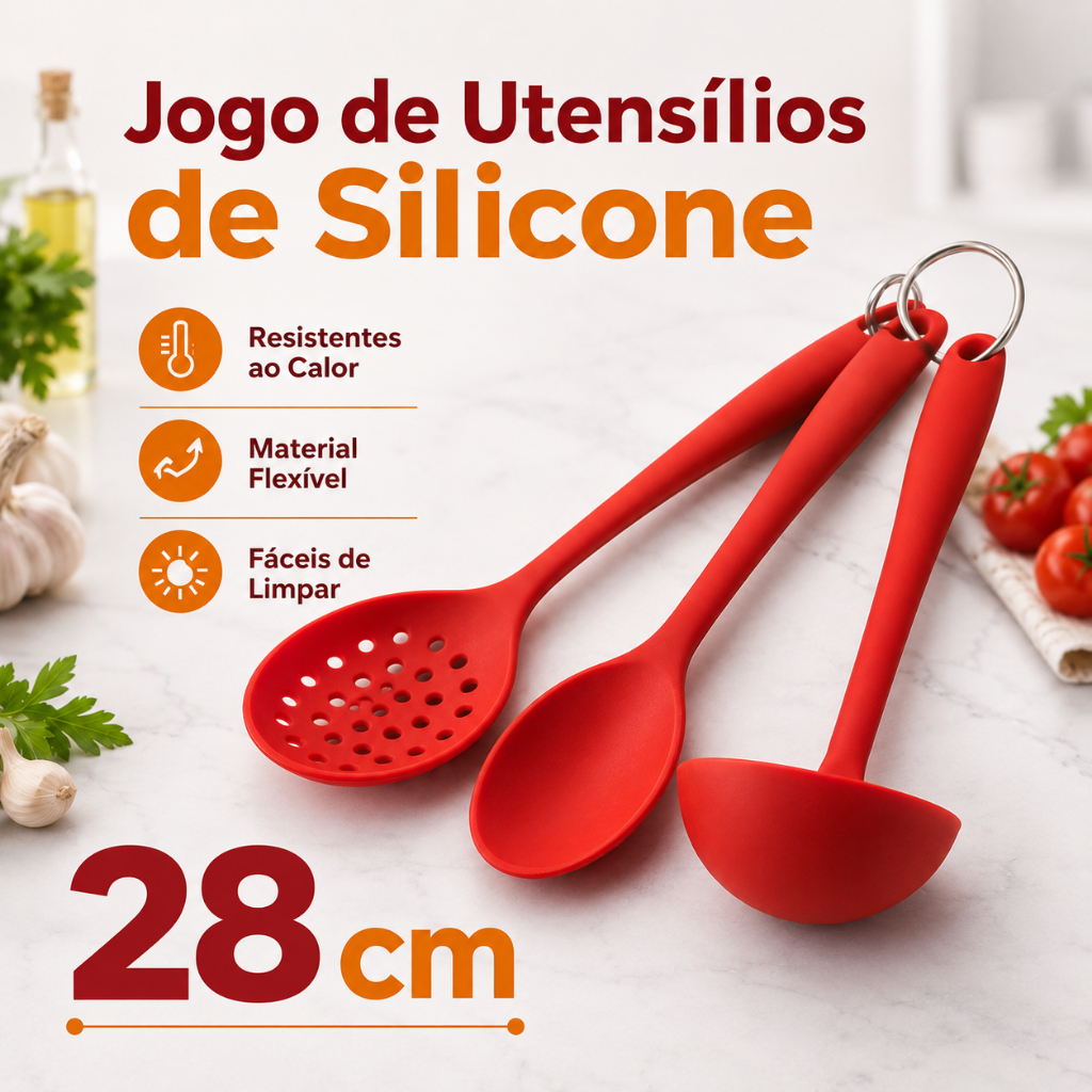 Kit 3 Utensilios De Silicone Resistente Colher Concha Escumadeira Cozinha Resistentes ao Calor