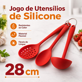 Kit 3 Utensilios De Silicone Resistente Colher Concha Escumadeira Cozinha Resistentes ao Calor