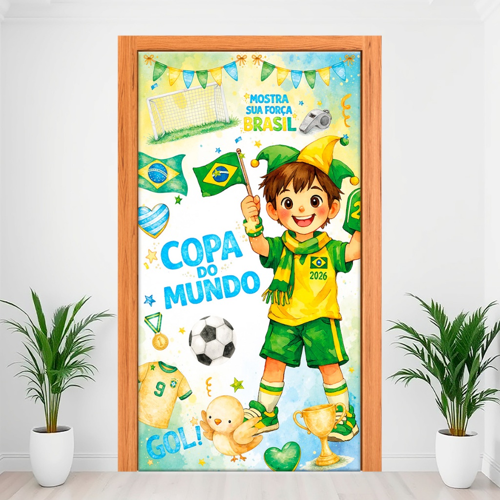 Capa Decorativa De Porta Decoração Com Elástico 2,15m x 0,80Cm Veste Fácil Tema Brasil Copa do Mundo 2026