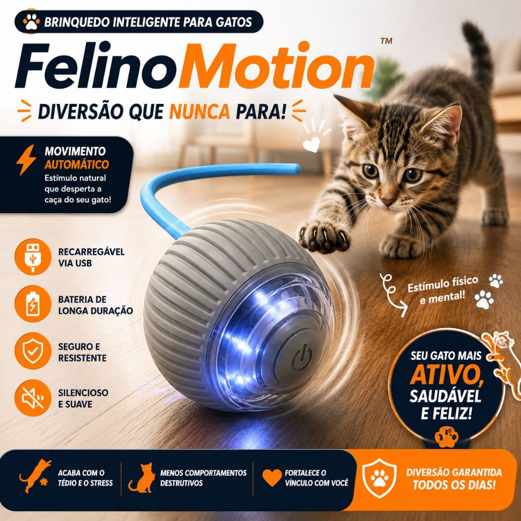 FelinoMotion™ Brinquedo Interativo Para Gatos Bola Automática LED Recarregável USB Anti Tédio