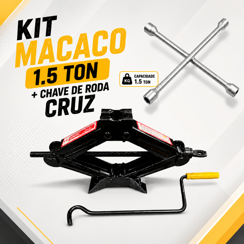 Kit, Conjunto Macaco Mecânico Tipo Sanfona 1,5 Toneladas + Chave de Roda Cruz, IDEA, Ferramenta e Manutenção Automotiva,