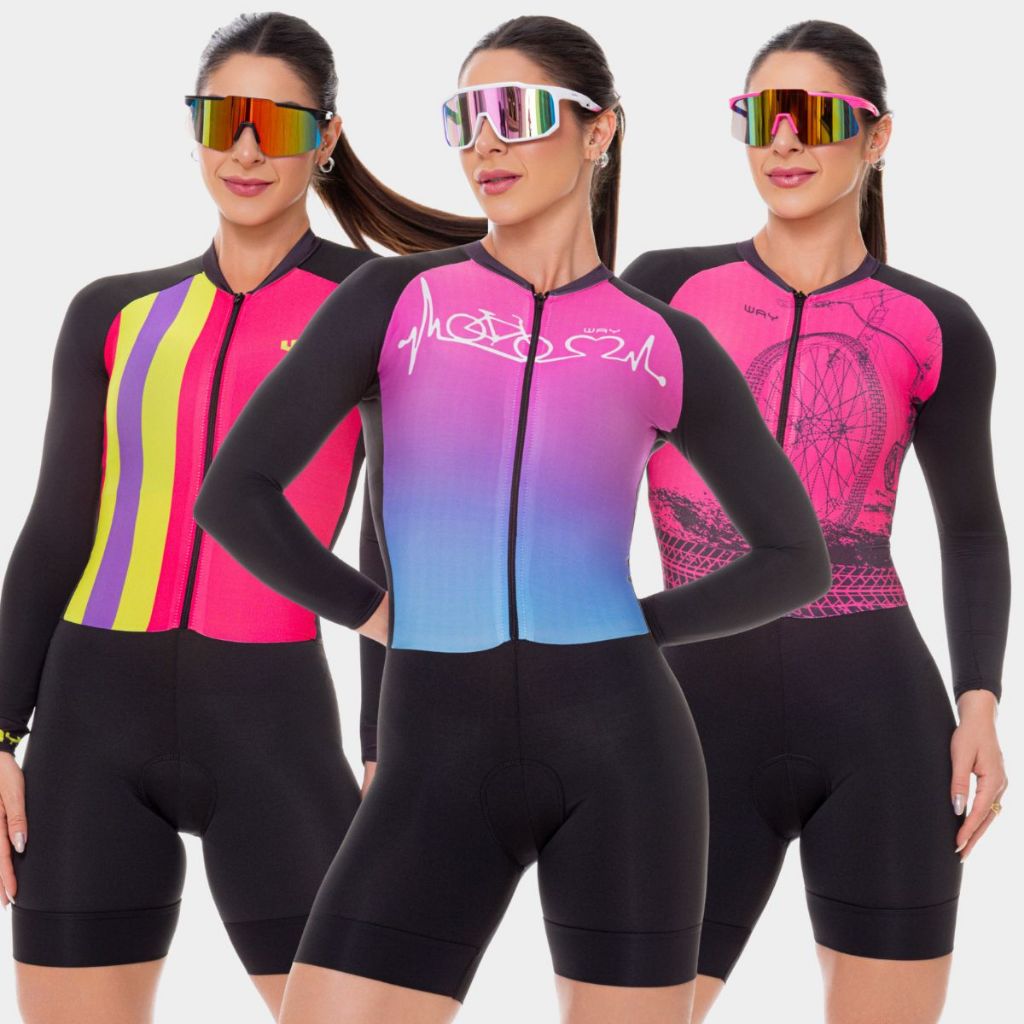Macaquinho de Ciclismo Feminino Macacão Manga Longa Forro Espuma Acolchoado Roupa Bike Pedal Mtb