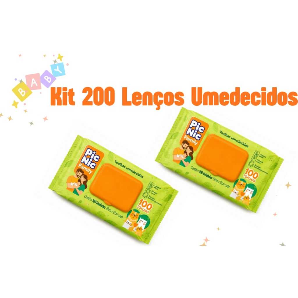 Kit 2 Pacotes Toalhas Umedecidas Pic Nic 200 Folhas Com Tampa  Lenço Umedecido Hipoalérgico