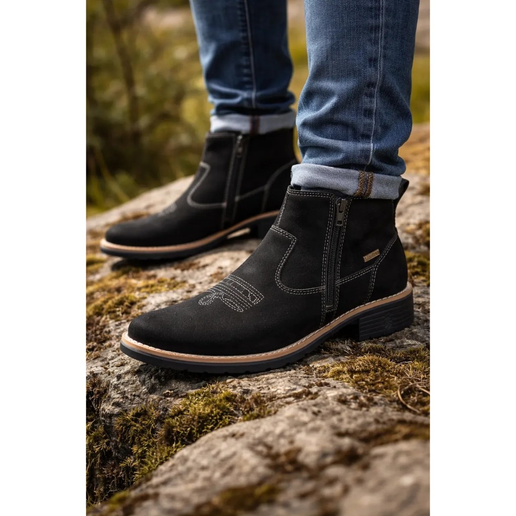 Botina Feminina Country Premium Zebu Nobuck Preto 71030 Moderna Bota Original Couro Bovino Nobre