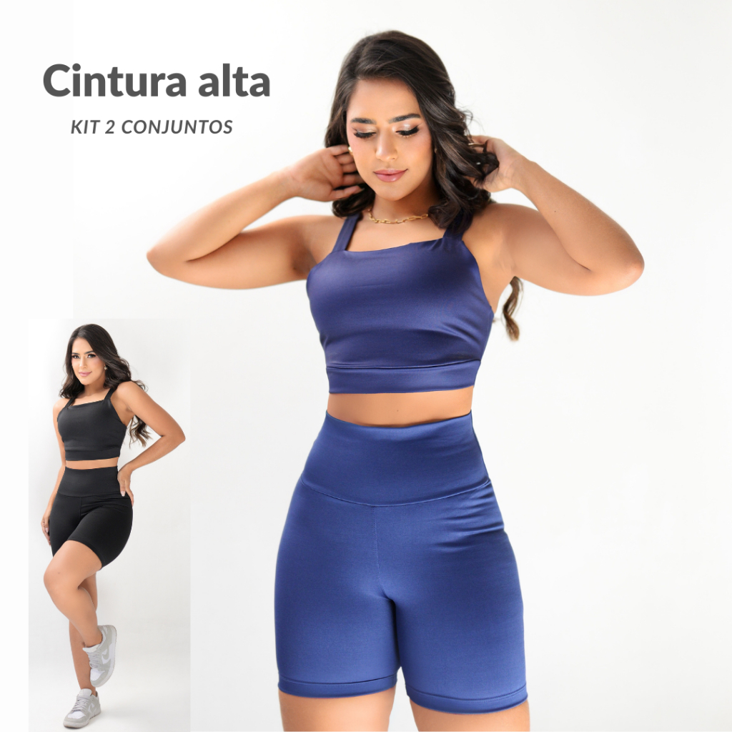 Kit 2 Conjunto Short e Top Fitness Feminino Cintura Alta Modeladora Não Transparente Suplex Academia Alta Compressão