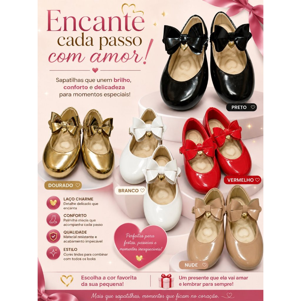 Sapatilha Infantil Feminina Festa Verniz Laço Maxi Elegante com Pingente Coração Confortável