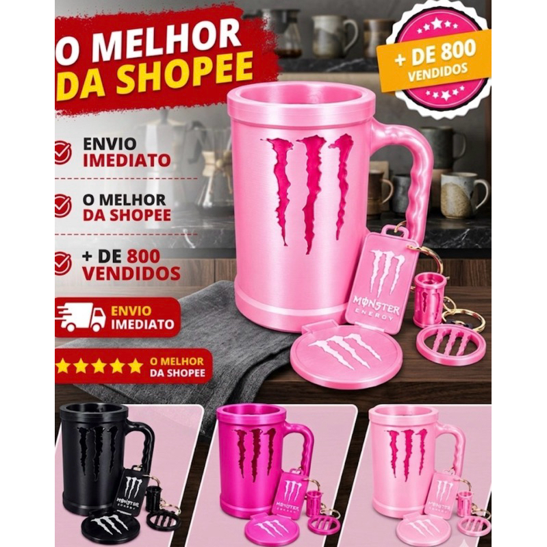 Porta Lata Monster 473 ml + abridor + tampa + Brindes Caneca Monster Energetico