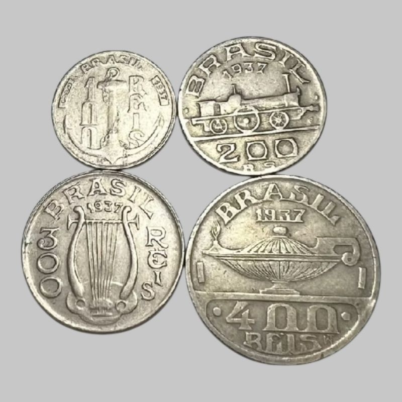 Lote 4 Moedas de 100, 200, 300 e 400 Réis Datas Variadas Ilustres Tamandaré Mauá Carlos Oswaldo