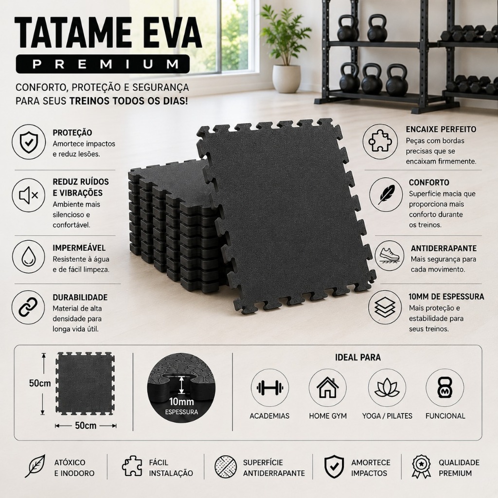 Kit 12 Tapete Tatame Eva Premium Academia Crossfit Yoga Artes Marciais Preto 50x50 10mm