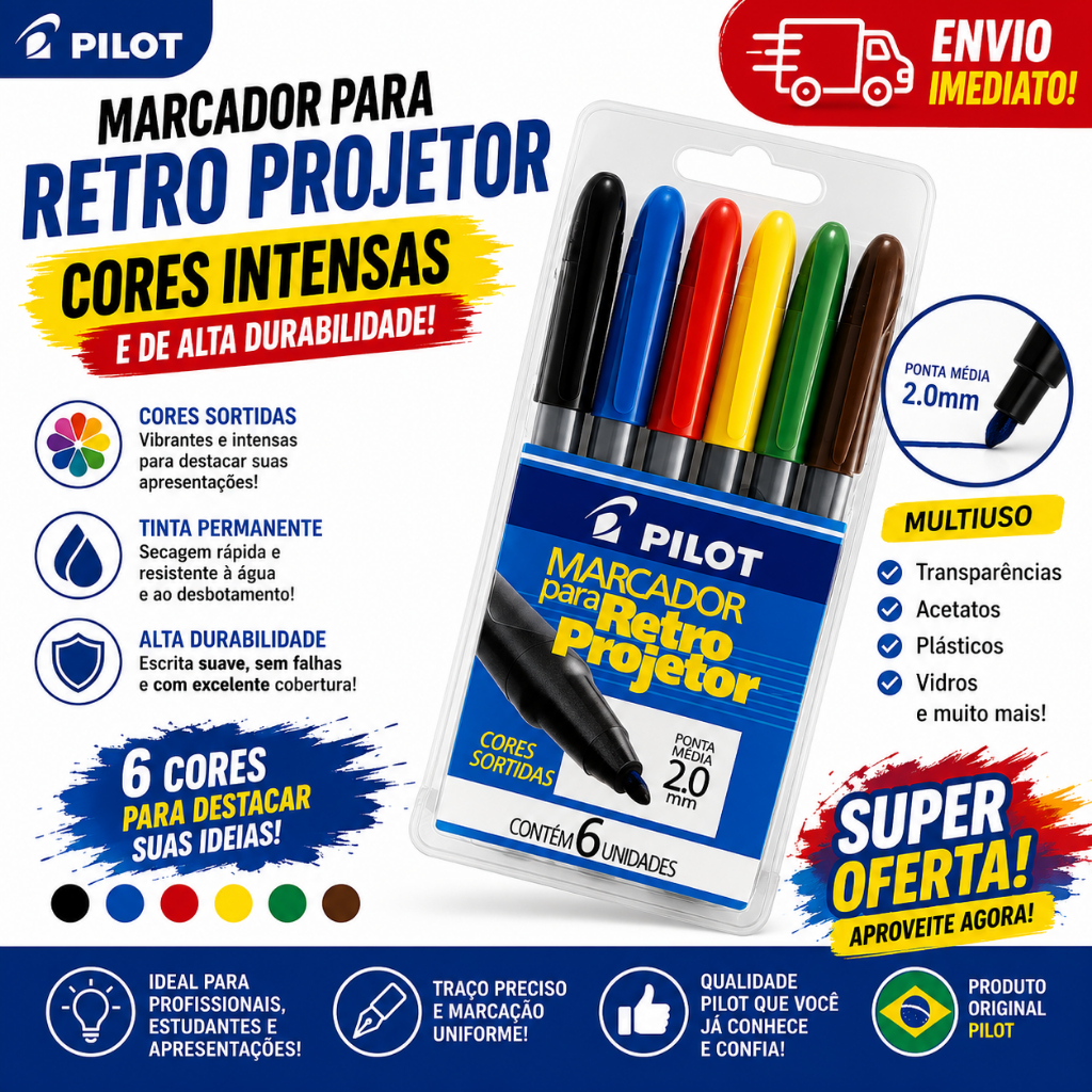 Marcador Permanente Pilot Para Retroprojetor 2.0mm Kit 6 Cores