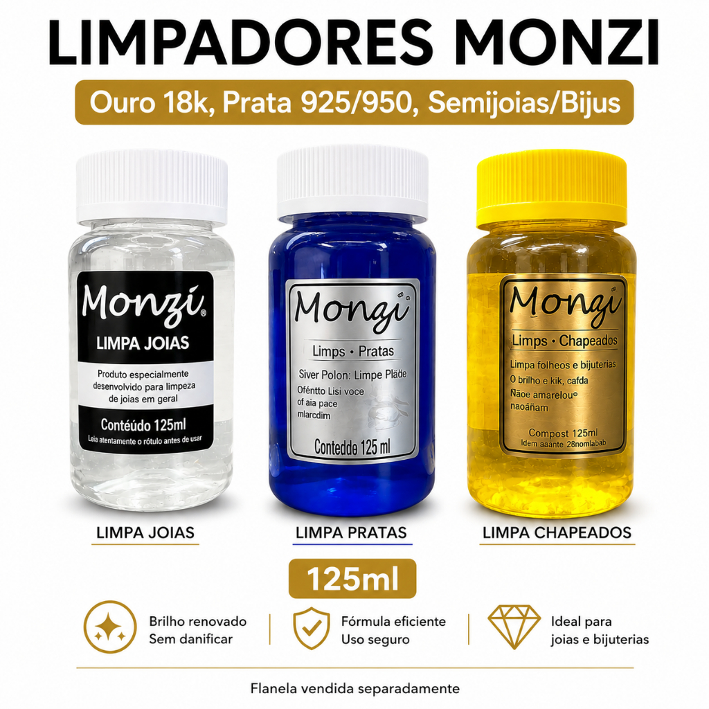 Limpa Prata Limpa Semijoias Limpa Ouro Limpador Monzi 125ml ou 35ml com ou sem Flanela