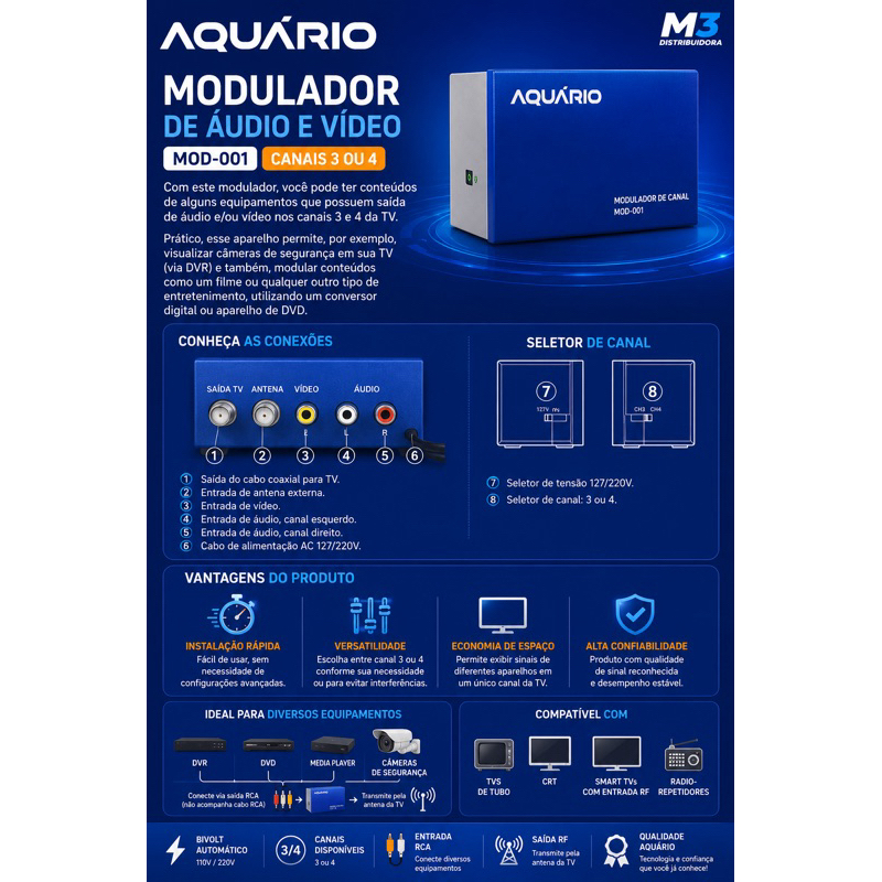 Detalhes do Modulador RF Aquário MOD 001 Conversor Áudio e Vídeo Canal 3 e 4 para TV