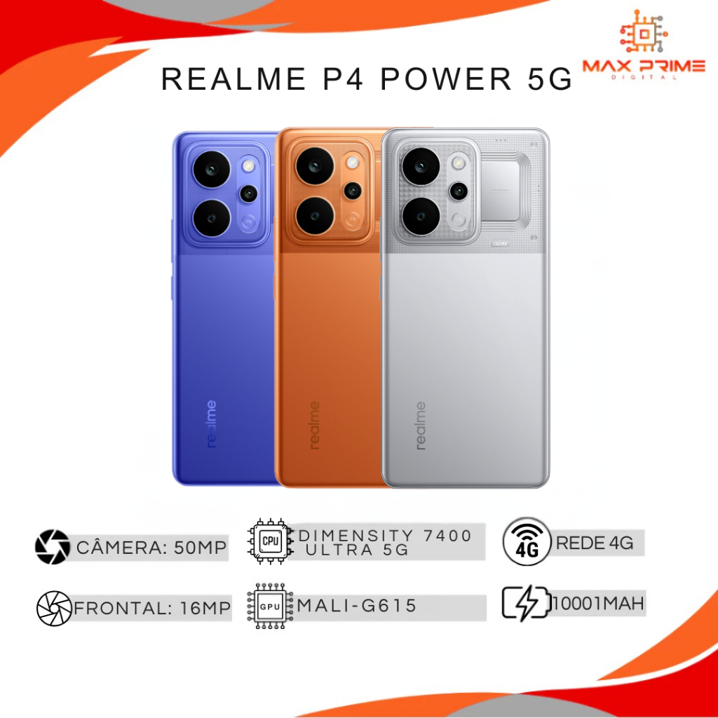 Realme P4 Power 5G, Versão Global, 256/512GB com 8/12GB RAM, Processador  Dimensity 7400 Ultra, Bateria 10001mAh
