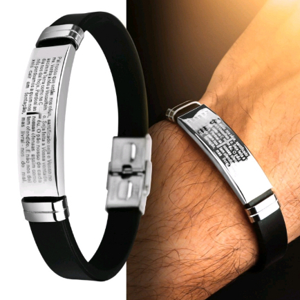 Pulseira Masculina Ajustavel Pai Nosso Borracha Resistente Prata/ Dourado — imagem 2 de 2