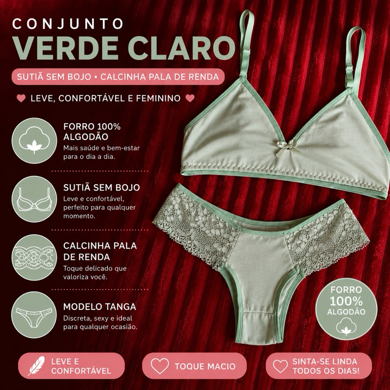 Conjunto Lingerie Verde Claro Sutiã Sem Bojo Calcinha Tanga Com Renda Forro 100% Algodão Confortável Feminino TAM M