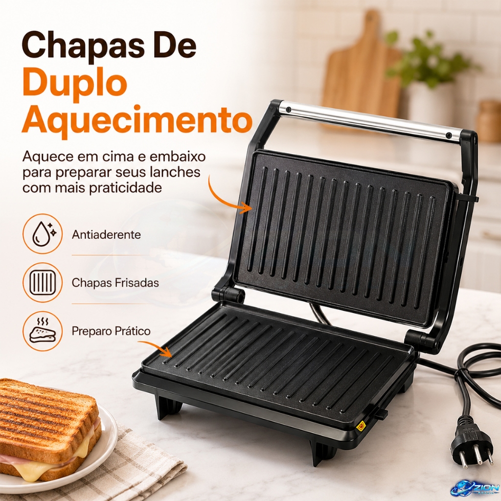 Sanduicheira Elétrica BAK Mini Grill 750W Chapa Antiaderente Duplo Aquecimento Inox Compacta Dia Dia
