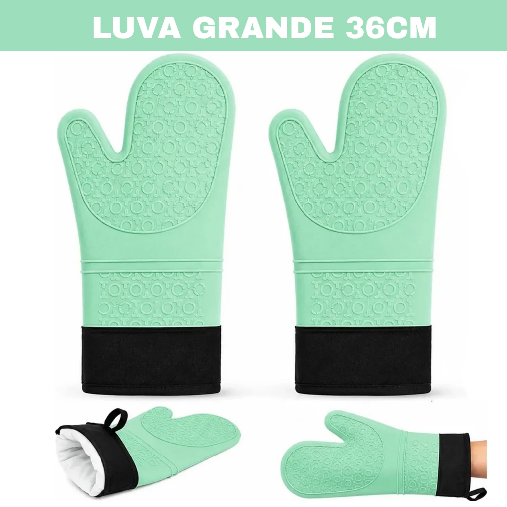 Par Luvas Termica Grande De Cozinha 36cm Silicone Forrada Antiderrapante Forno Churrasco Panelas até 250°
