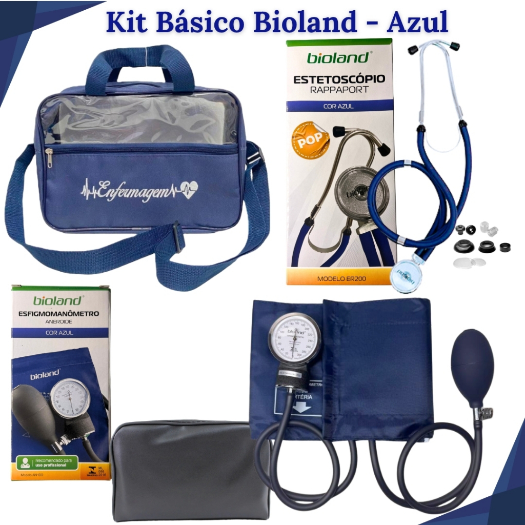 Kit de Enfermagem Básico na Bolsa Tradicional Transparente com Aparelho de Pressão e Estetoscópio (4 Itens)