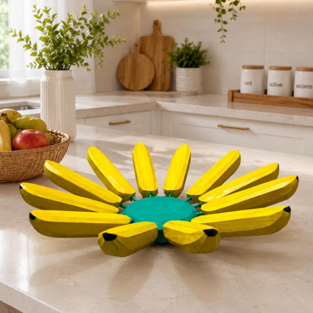 Fruteira Artesanal de Banana Rústica Decorativa Madeira Organizador Cozinha de Mesa de Jantar Utilidade Amarela