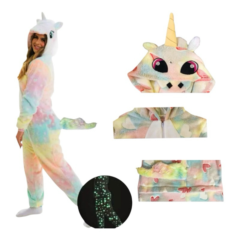 Kigurumi Unicórnio Brilha no Escuro Pijama Fantasia Macacão Adulto