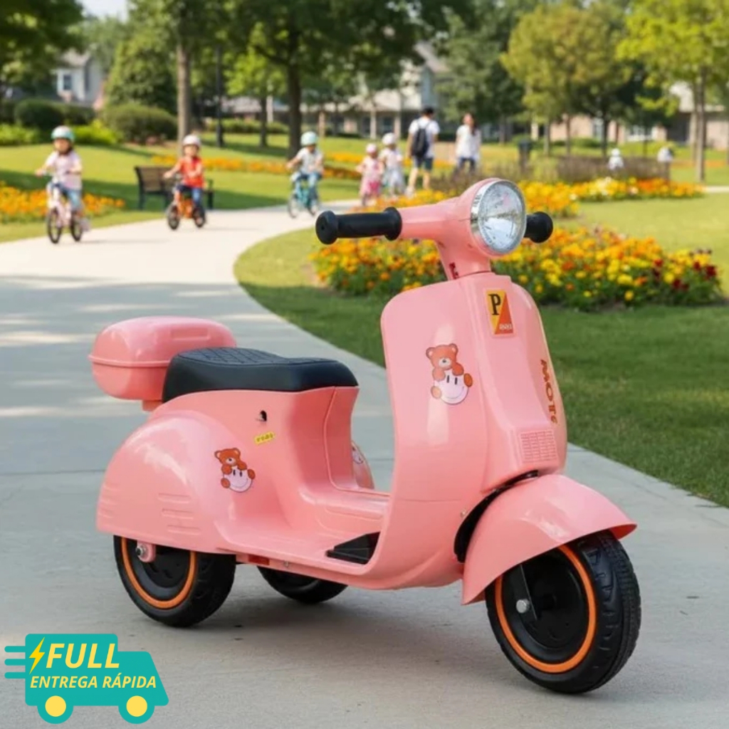 Mini Moto Motoca Motinho Vespa Vespinha Elétrica Triciclo Infantil Scooter 6V Joy Rosa Menina Com Som Luz Baú