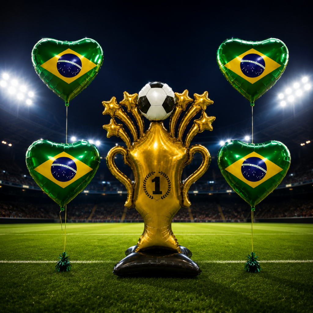 Kit Balão BRASIL Trofeu Gigante + 4 Balões Seleção Brasileira Copa do Mundo Decoração