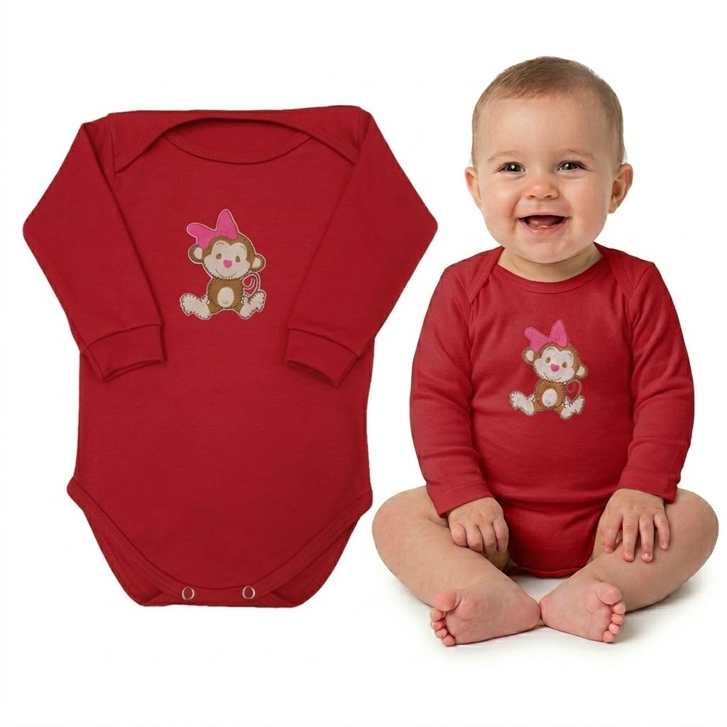 Body Manga Longa Bebê Macaquinha Laço Rosa