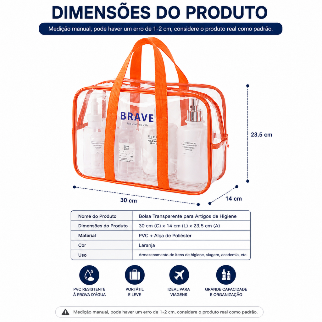Bolsa Transparente PVC Impermeável com Alça Necessaire Organizadora Viagem 30x14x23,5cm