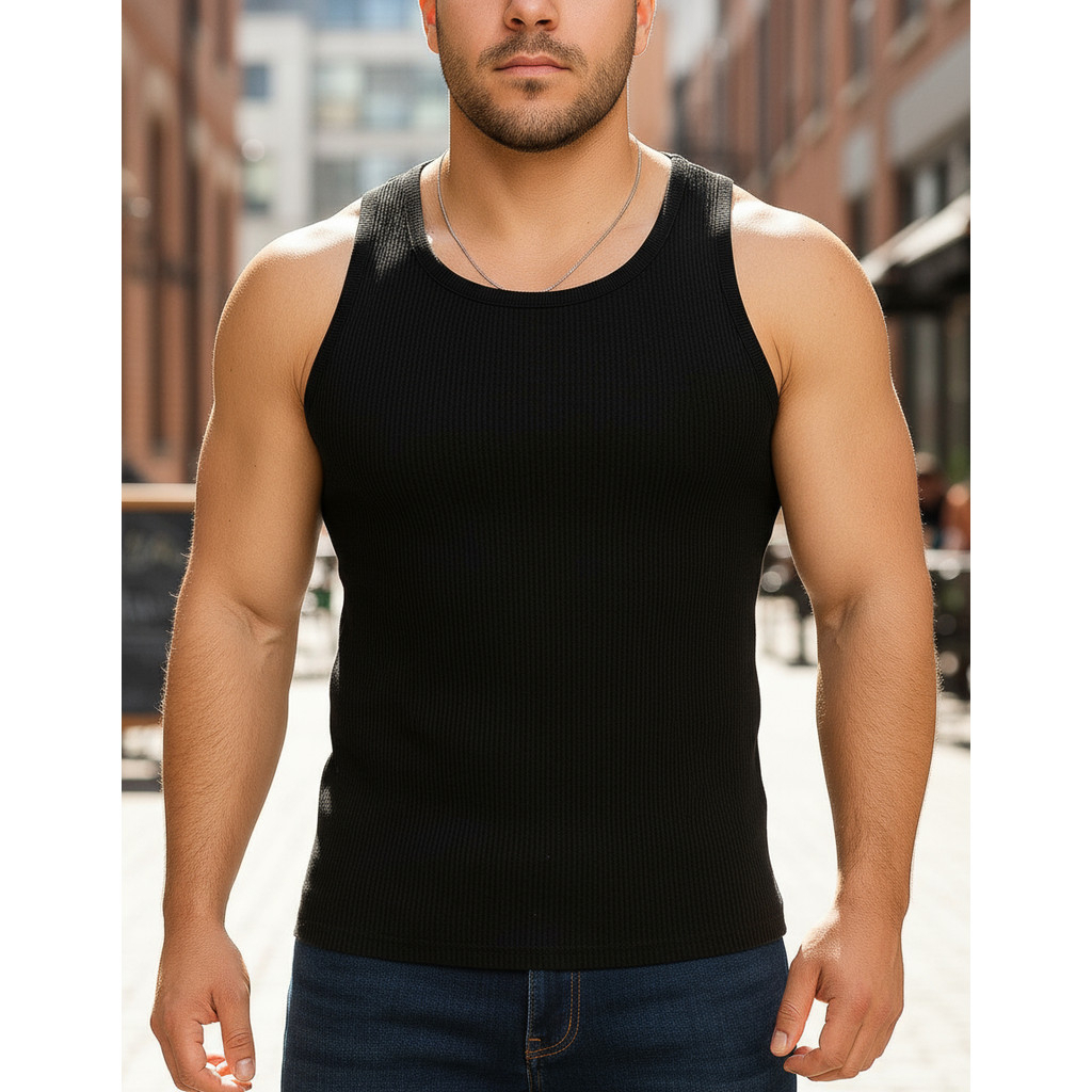 Camiseta Regata Americana Masculina Malha Canelada Algodão Premium com Elastano - Tecido Grosso Confortavel