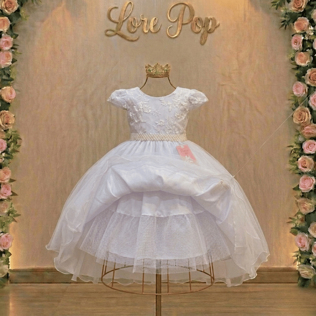 Vestido branco para daminhas luxo cinto perolas e busto de renda com  saiote em tule   dbran